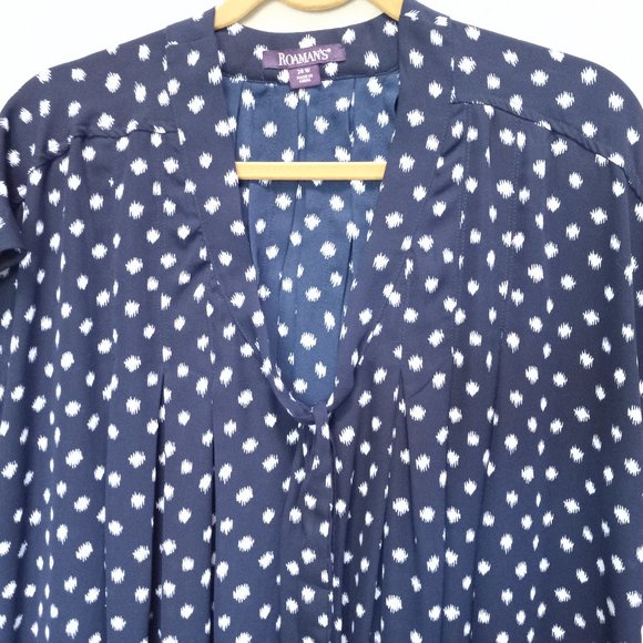 Roman's Blue/White Pleated A-Line Blouse With Tie at Neck Womans 20W (T-217) - Picture 6 of 12